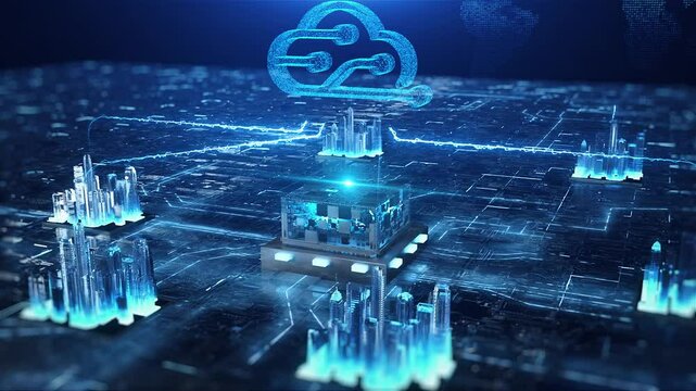 High-tech chip big data, network data cloud transmission, lines connection digital processing, future high-tech Internet of Things.