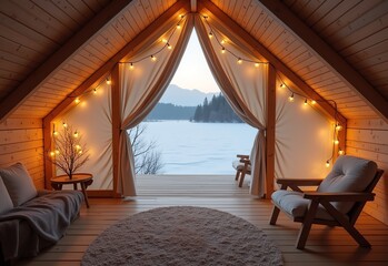Obraz premium Modern Minimalist Glamping Experience with Soft Lighting and Elegant Decor, Set Against a Beautiful Frozen Lake Landscape