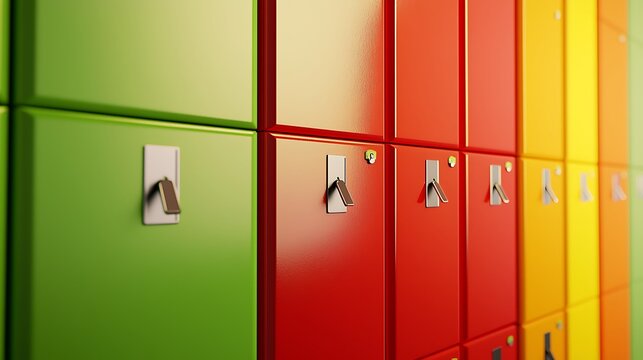 A row of colorful lockers with green, red, and yellow doors
