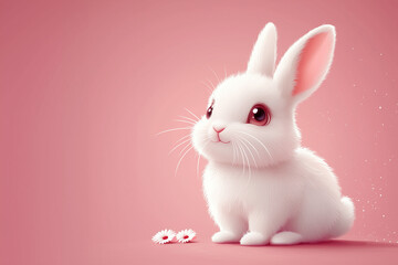 Obraz premium Cute fluffy white rabbit with soft pink eyes and tiny flowers on a pastel background 