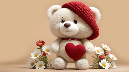 Fototapeta premium Teddy bear wearing hat with red Heart and flowers isolated on light background.