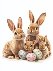 Obraz premium Illustration of a group of bunnies and easter eggs on a white background