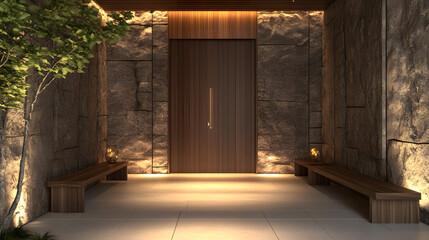 Wooden door with warm ambient lights and lush decor.