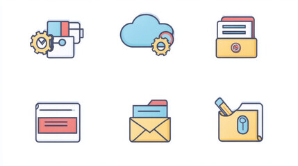 Set of doodle icons work with documents, archive storage. Isolated vector linear signs upload to the cloud, download, online transfer, printing paper, files and folders with pen, gear, clock, envelope