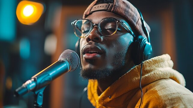 In a lively recording studio, an African man passionately expresses himself while rapping into a microphone. His energy resonates as he wears headphones, fully immersed in his craft