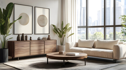 Contemporary interior with beige sofa and plants.