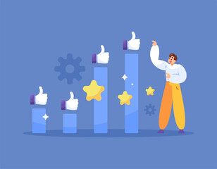concept of development or self-development. performance continues to improve and get better. improvement. illustration of a man with a bar graph with a thumbs up. flat style design. elements