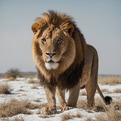 A lion in a crouching position, white background.

