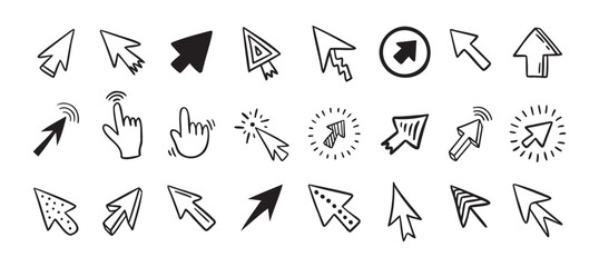 Cursor doodle icon set. Click cursor hand drawn set. Isolated mouse cursor 