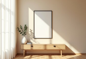Stylish 70x100 cm Poster Mockup: Mid-Century Modern Console Table with Eucalyptus and Books, Perfect for High-Quality Art Display