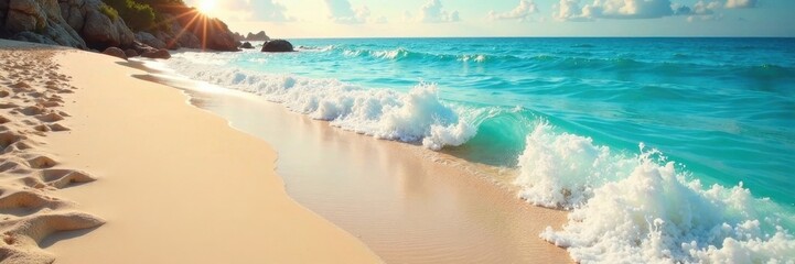 Sun-kissed sand, gentle azure waves lap shore , coast, sky