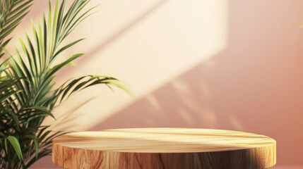 Stone product podium with green plant leaf in studio room with floor and wall. Realistic vector illustration of empty natural eco goods display platform mockup. Minimal showcase composition template.