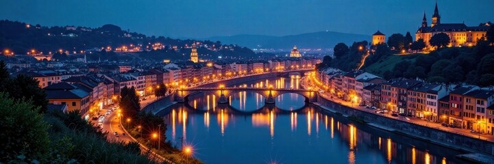 Fototapeta premium Night lights illuminate European cities, rivers snake across the continent , nature, river