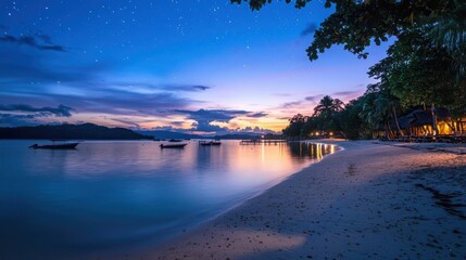 Fototapeta premium Twilight beach serenity tropical coastline photography calm waters scenic view starry sky inspiration