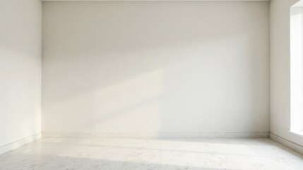 Empty Room Corner with Sunlight Streaming Through Window and Minimalist White Walls and Floor