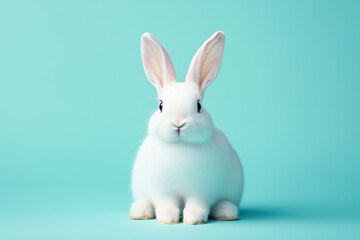 Fluffy bunny with pristine white fur and calm demeanor
