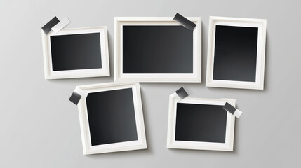 Realistic set of instant photo collage attached to wall with sticky tape. Vector illustration of square and rectangular blank paper photographs in white frames isolated on transparent background