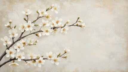 Spring banner, branches of blossoming cherry against beige background. sakura flowers, dreamy romantic image spring, landscape panorama, copy space.