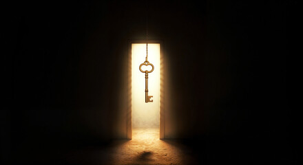 Naklejka premium the key hangs against the background of a glowing doorway . Generative AI