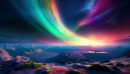 Naklejka premium A vibrant aurora lighting up the surface of a distant exoplanet, created by the magnetic interactions of its binary star system, showcasing an otherworldly phenomenon