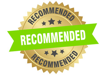 recommended. recommended round green and gold label isolated on transparent background