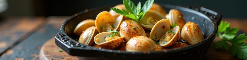 Garlic white wine clams simmering, dark pot, rustic tray, garlic, black pot, aromatic