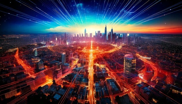 A conceptual illustration of quantum parallel worlds, featuring multiple overlapping versions of a cityscape, blending dimensions with surreal, glowing details.
