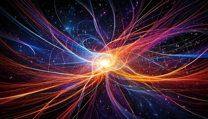 A digital art piece illustrating quantum entanglement with vibrant light threads weaving through a dark cosmic void, symbolizing the mysterious connections between particles