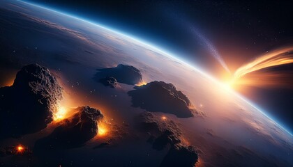 Fototapeta premium A detailed close-up of a comet’s surface near the Sun, showing jets of gas and dust streaming into space, illuminated by solar light, revealing its rugged and icy terrain.