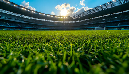 Lush stadium pitch, sunset, game prep