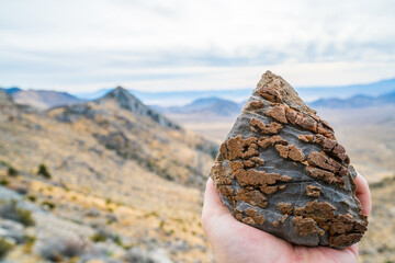 Human hand holding textured rock shaped like a mountain.
