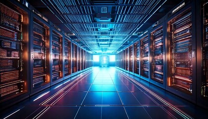 Fototapeta premium A futuristic quantum computer data center, filled with glowing quantum processors and complex circuitry, surrounded by vibrant neon lights and advanced technology in a high-tech environment.