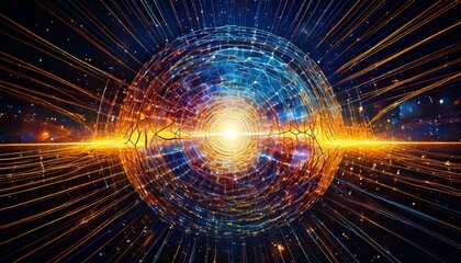 Obraz premium A luminous deep-space nebula forming a spiral shape, with distant stars twinkling in the background, creating a cosmic spectacle of light and color.