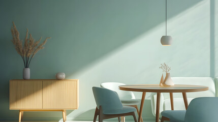 Cozy wooden furniture with soft lighting and shadows.