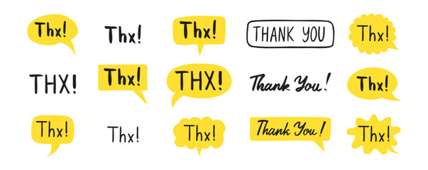 THX speech bubble yellow bright set. Thank you hand drawn quote text. Doodle thx phrase.