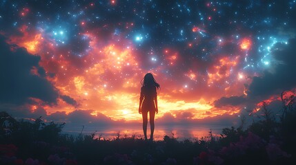 Obraz premium Woman gazing at vibrant cosmic sunset, floral field