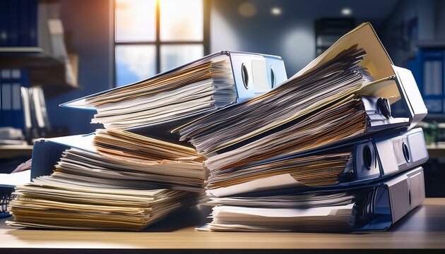 Generated image Cluttered stack of documents in an office setting