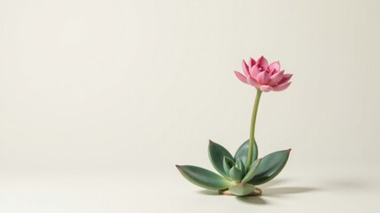 Fototapeta premium Delicate Pink Blossom Emerging from Succulent Rosette Against a Soft, Neutral Background