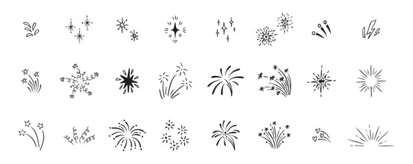 Set of cute fireworks line doodle elements. Lightning, explosion, sunburst, fireworks, bling, motion effects Party, birthday, anniversary and Christmas.