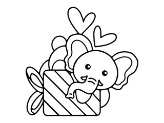 Valentine Day Elephant Holding Gift Line Art
