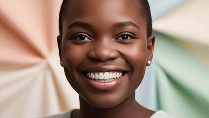 A close-up portrait of an African American woman with a radiant smile and glowing skin, set against a pastel background. Beauty, confidence, and positivity concept