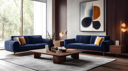 Cozy blue couch with elegant wooden furniture.