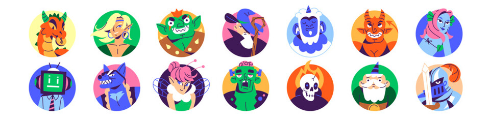 Set of circle avatars of fantasy character. Different faces of user profiles with round shape in video game: dragon, knight, elf, wizard, dwarf, goblin. Flat isolated vector illustrations on white