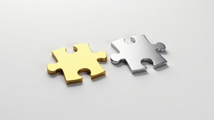 Two metallic puzzle pieces, one gold and one silver, rest on a neutral surface, symbolizing connection, collaboration, and the completion of a task.