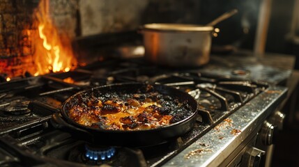 Tray of black charred casserole on stovetop. Spoiled ruined dish, julienne are burnt in oven. Food was overcooked. Bad cook, housewife. Fire in the kitchen.