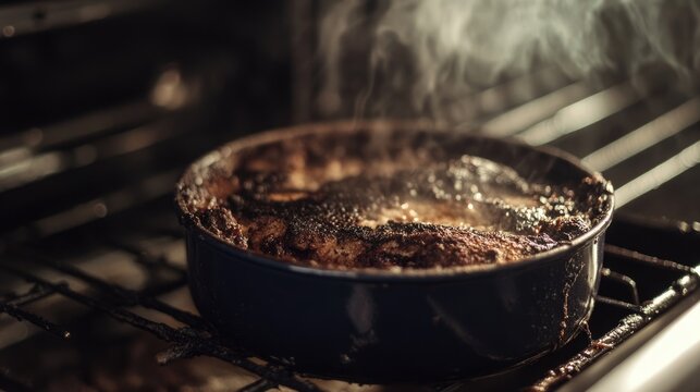 Tray of black charred casserole close up. Spoiled ruined dish, julienne are burnt in oven closeup. Food was overcooked. Bad cook, housewife.