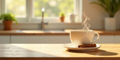 Warm morning beverage with cinnamon sticks on a kitchen counter bathed in sunlight