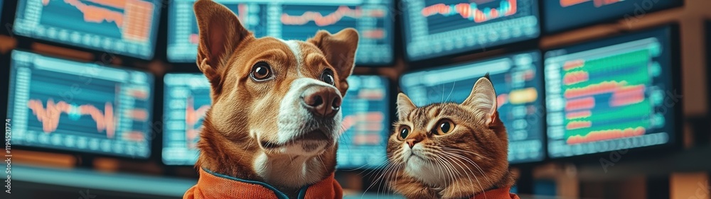 Aufkleber dog and cat watching stock market data on multiple monitors