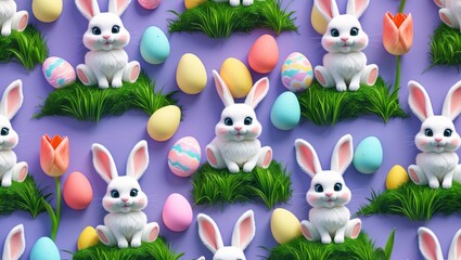 Naklejka premium Colorful pattern featuring cute cartoon rabbits and Easter eggs on a purple background with grass and spring flowers