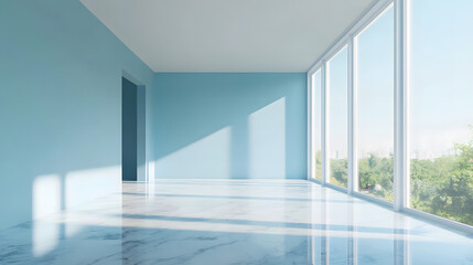 Fototapeta premium Large open space with blue accents and glass panels.